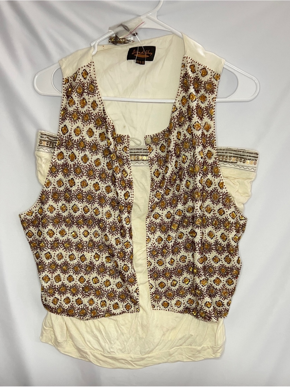 Island Shop 2-Piece Linen Vest and Top Set Cream Embroidered Beaded Size L